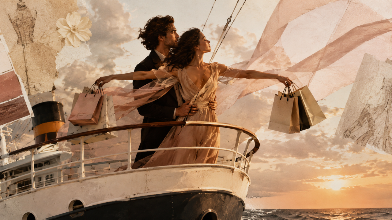 Inspired by the iconic scene from the film Titanic. A couple by the edge of a boat holding shopping bags.